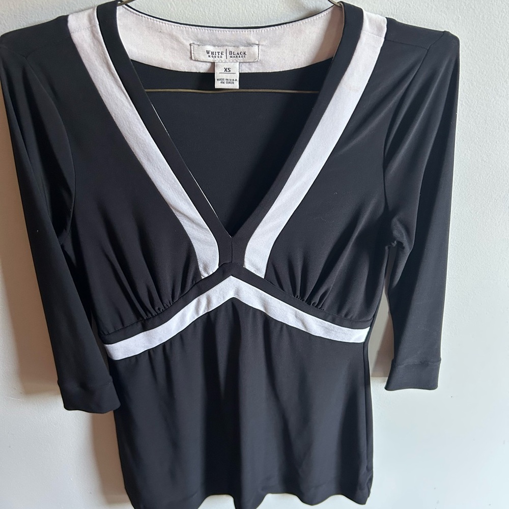 White House Black Market Black and White V-Neck Blouse